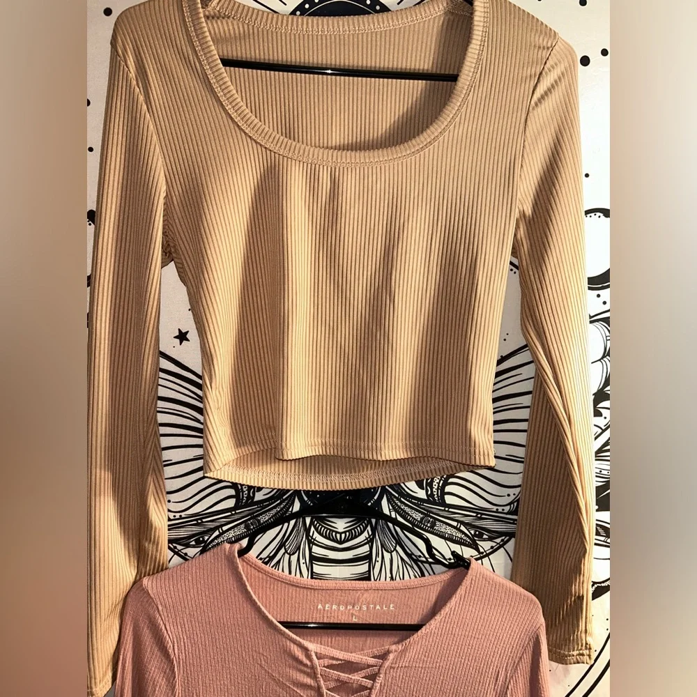 Elegant Beige Ribbed Long Sleeve Top bundle